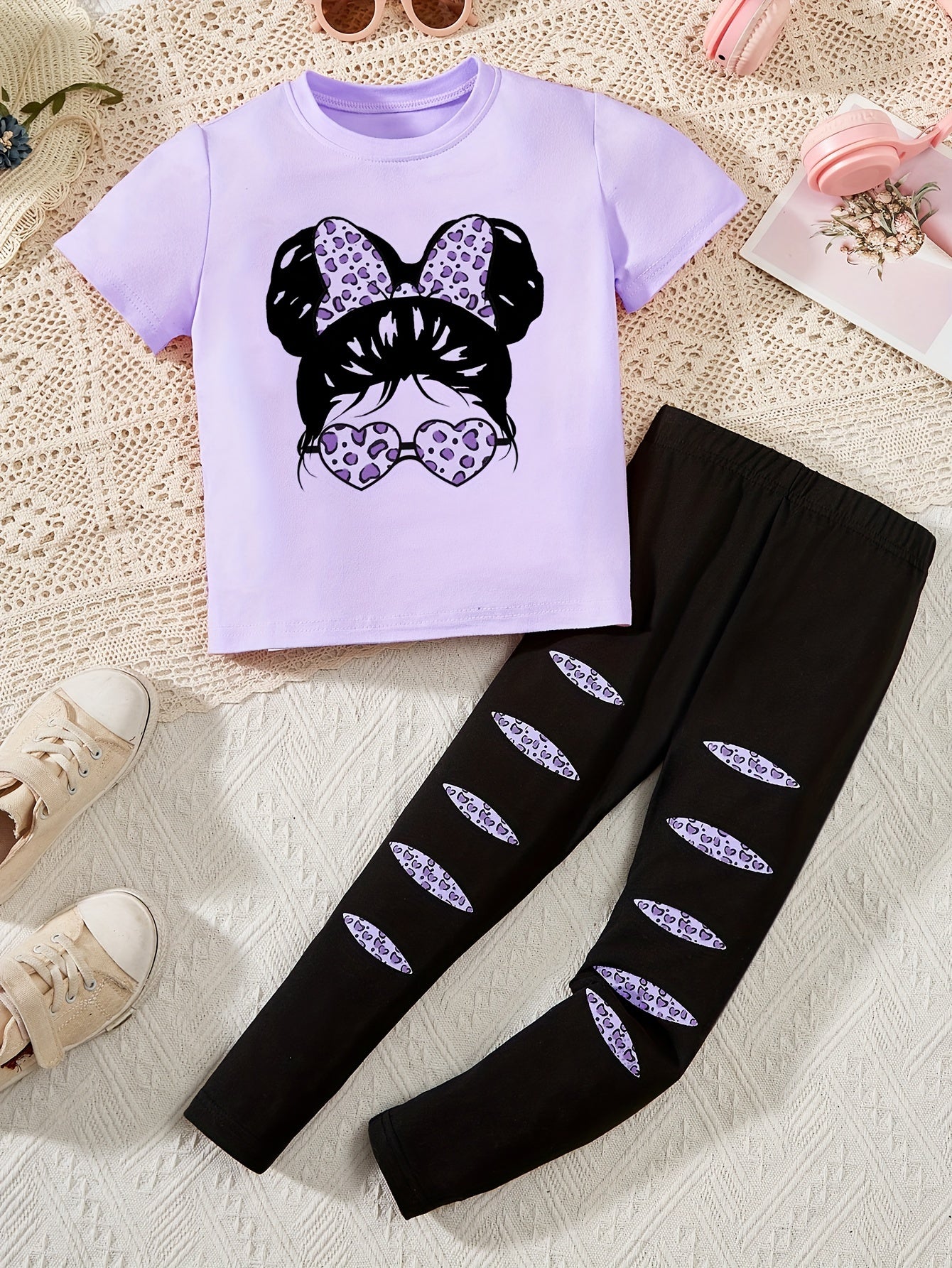 2pcs Cartoon Girl Graphic Outfits Girls Comfy Pullover + Pants Set For Outdoor