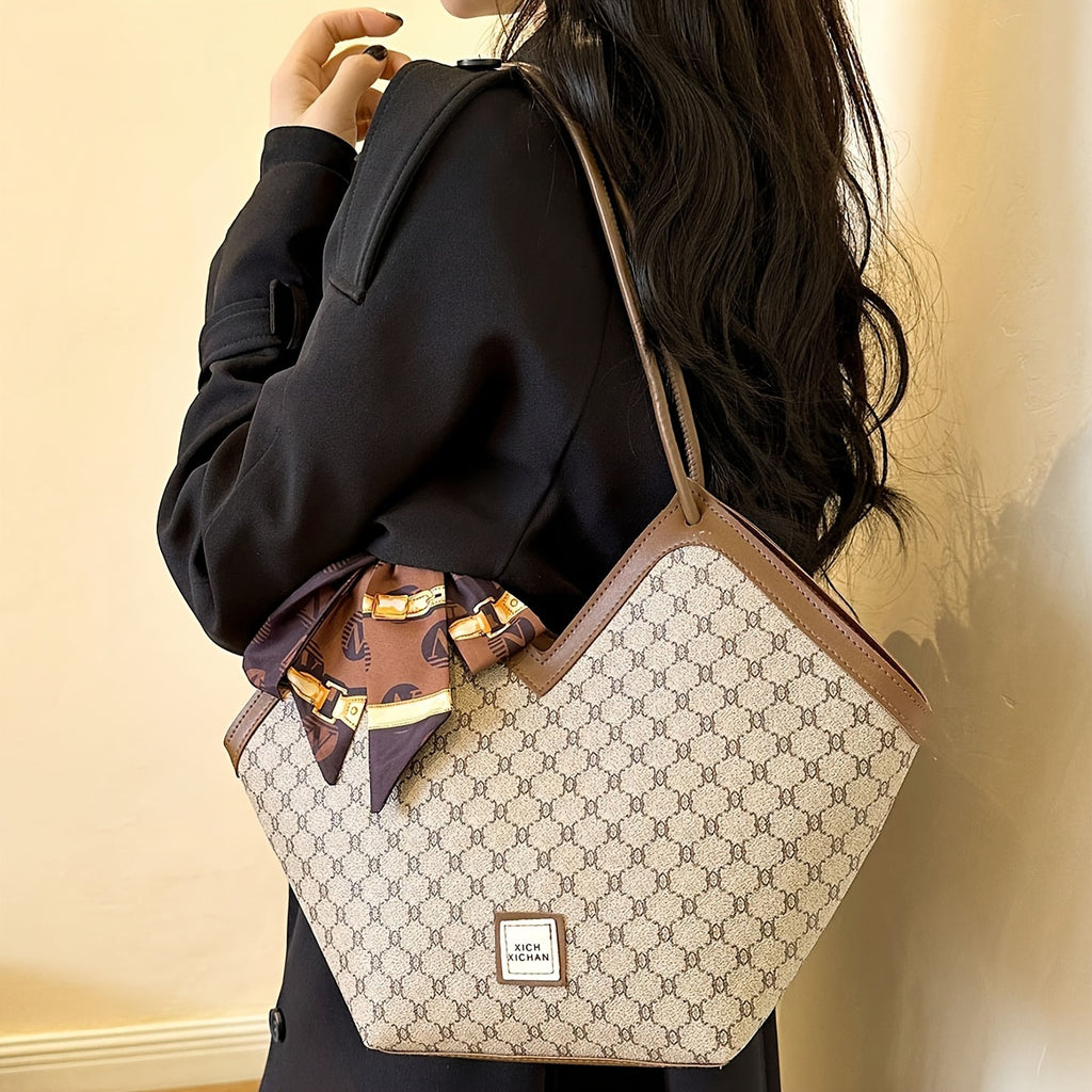LABOONOO Women'S Vintage-Inspired Tote Bag with Scarf - Elegant, Large Capacity, Zip Closure, Grey & Beige Pattern, Perfect for Casual or Retro Outfits