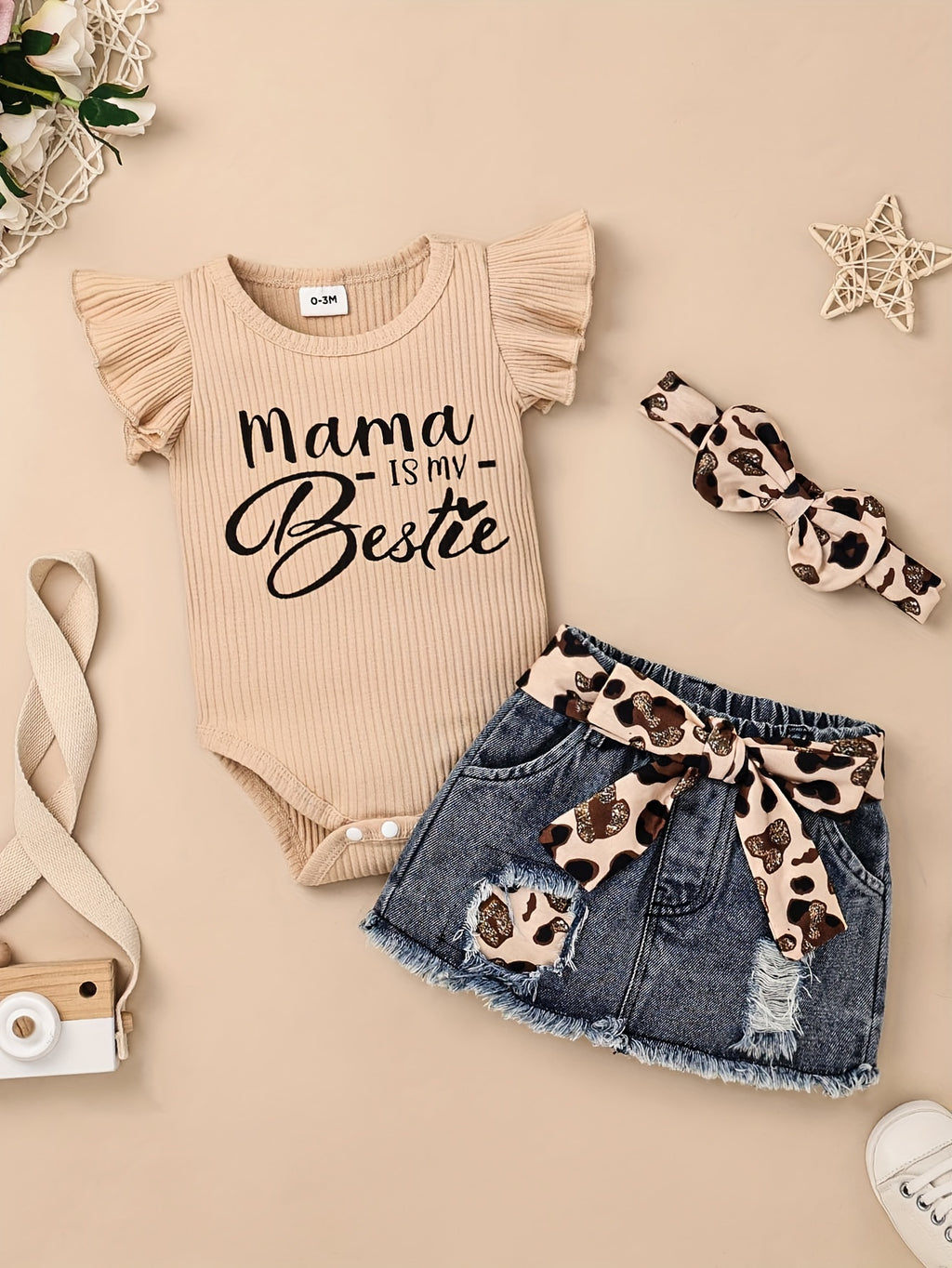 Baby Girl Clothes Newborn Romper Ruffle Sleeve Short Jeans Skirt With Headband Infant Outfits Set 0-18 Months, for Outdoor