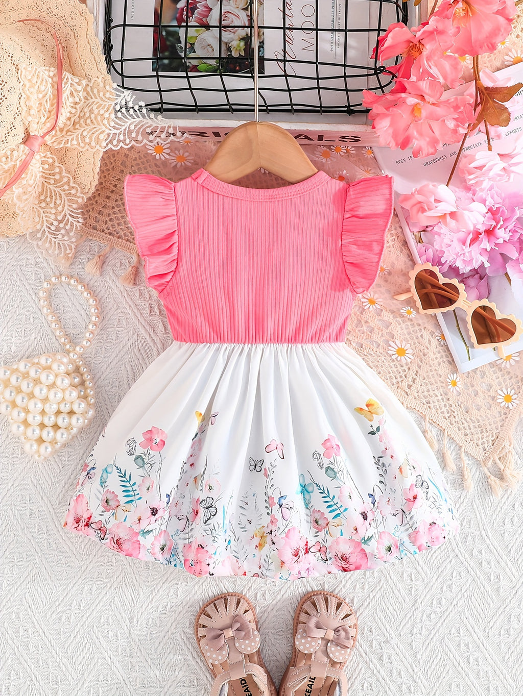 's Floral Print Summer Dress with Ruffled Short Sleeves & A-Line Silhouette - Pink & White Flower Skirt, Machine Washable Lightweight Playwear for Birthdays, Garden Parties, Everyday Outfits