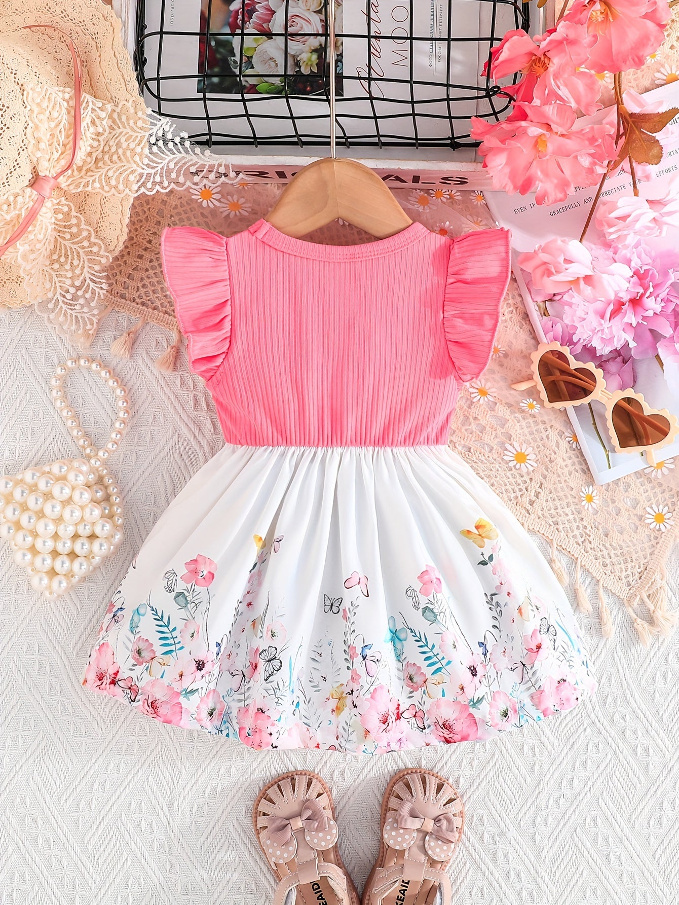 's Floral Print Summer Dress with Ruffled Short Sleeves & A-Line Silhouette - Pink & White Flower Skirt, Machine Washable Lightweight Playwear for Birthdays, Garden Parties, Everyday Outfits