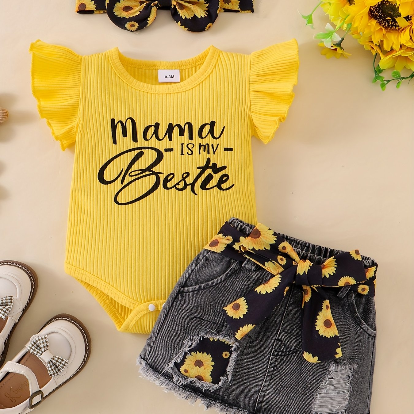 Baby Girl Clothes Newborn Romper Ruffle Sleeve Short Jeans Skirt With Headband Infant Outfits Set 0-18 Months, for Outdoor