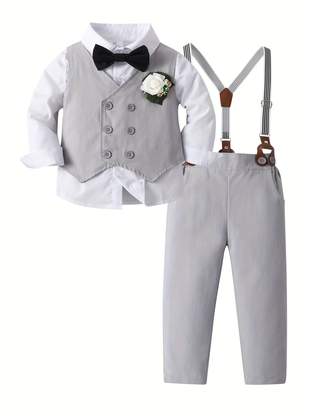 3ocs Boys Formal Gentleman Outfits, Long Sleeve Leaves Print Bowtie Shirt & Suspender Pants & Vest, Kids Clothing Set For Competition Performance Wedding Banquet Dress Outdoor Set