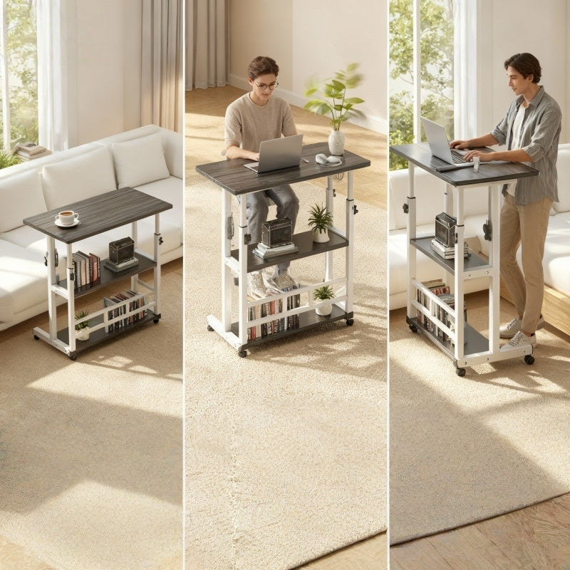 Height-Adjustable Mobile Table with Lockable Wheels, Reinforced Frame Folding Side Table, Black And White Handmade Art Workstation, Small Space Storage Table for Bedroom, Living Room, Or Study, Ideal Gift for Crafters, Artist