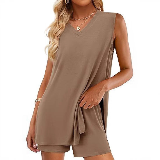 Casual Fashion V-neck Sleeveless Top And Shorts Set With Pockets