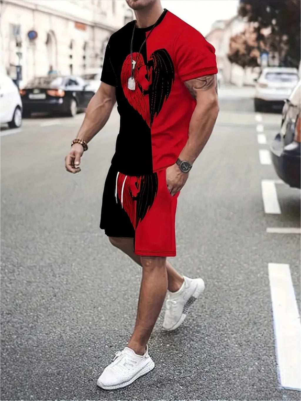 Men's Colorblock Heart Print 2Pcs Outfits, Short Sleeve T-shirt & Shorts Set For Summer