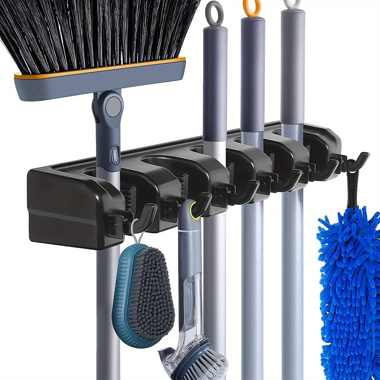Wall Mounted Broom & Tool Organizer | 5 Slots 6 Hooks Storage Rack