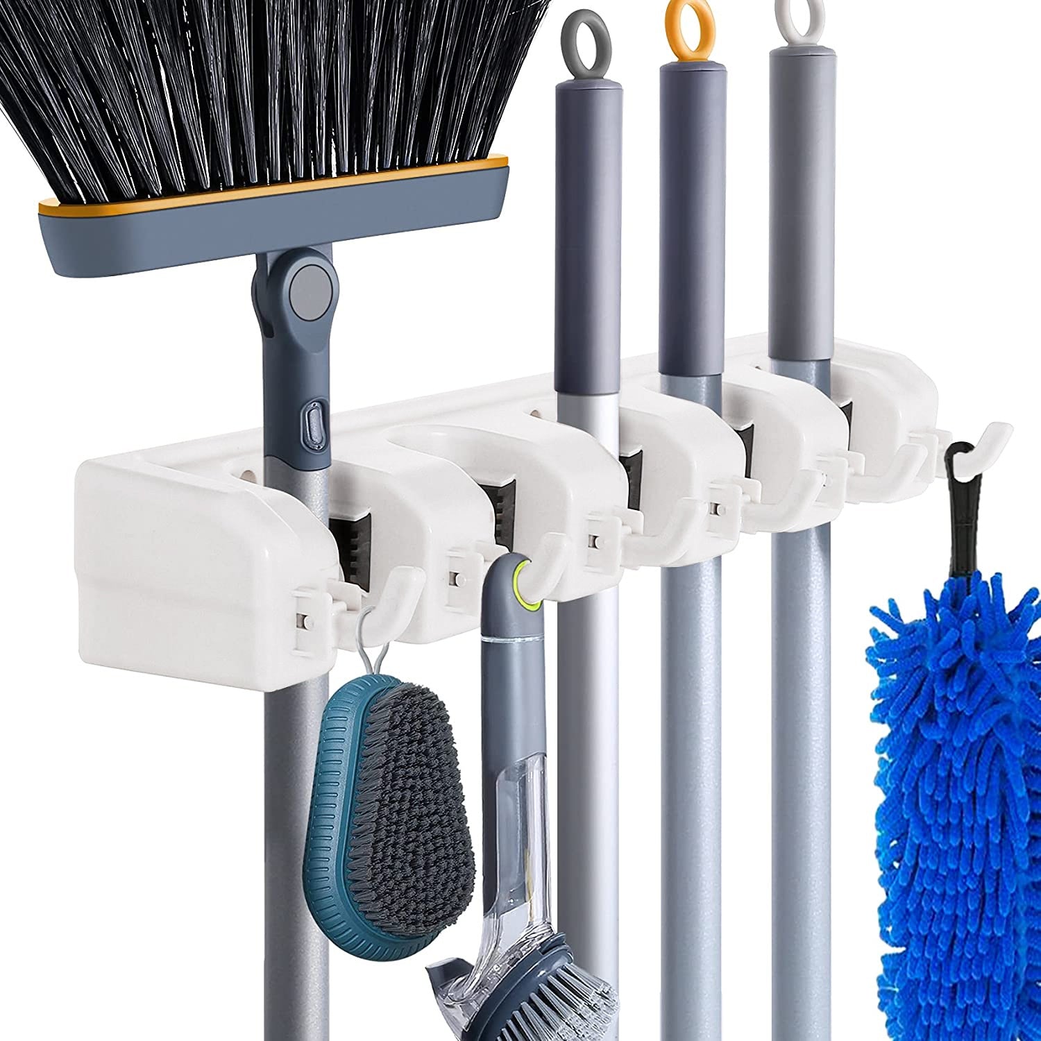 Wall Mounted Broom & Tool Organizer | 5 Slots 6 Hooks Storage Rack