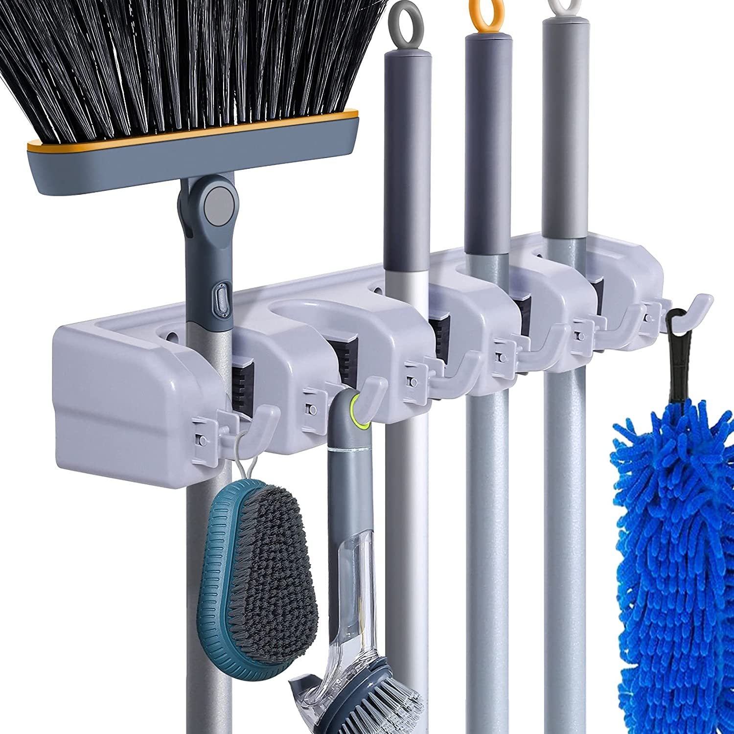 Wall Mounted Broom & Tool Organizer | 5 Slots 6 Hooks Storage Rack