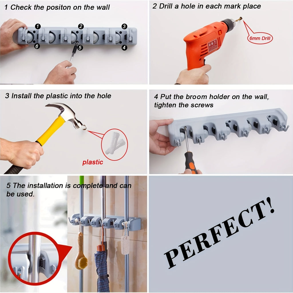 Wall Mounted Broom & Tool Organizer | 5 Slots 6 Hooks Storage Rack