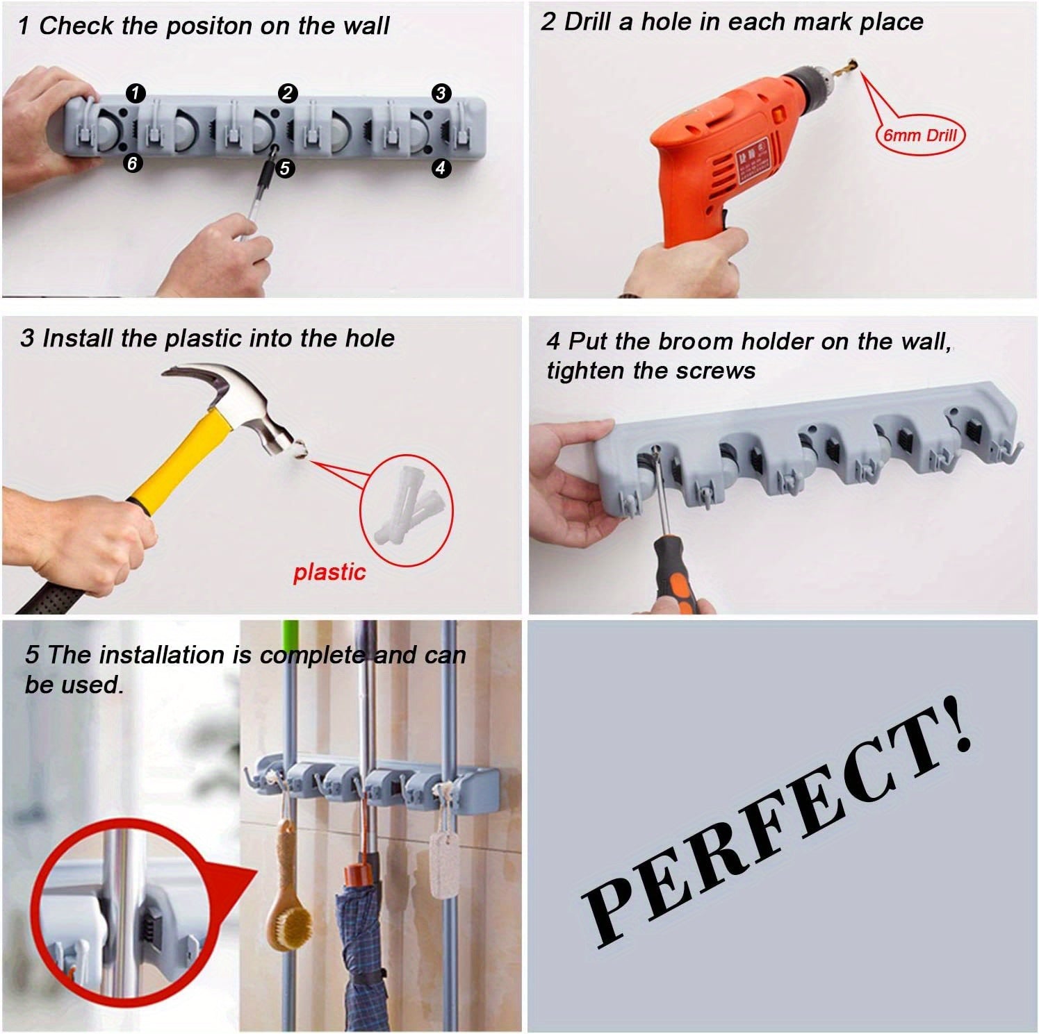 Wall Mounted Broom & Tool Organizer | 5 Slots 6 Hooks Storage Rack