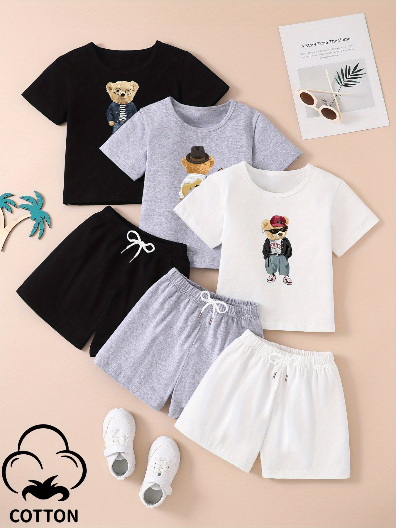 6pcs - 3 Outfits Set, Boy's Adorable Bear Graphic Print Crew Neck Short Sleeve T-Shirts & Shots For Kid's Outdoor Activities, Kid's Clothing For Daily & Outdoor Wear
