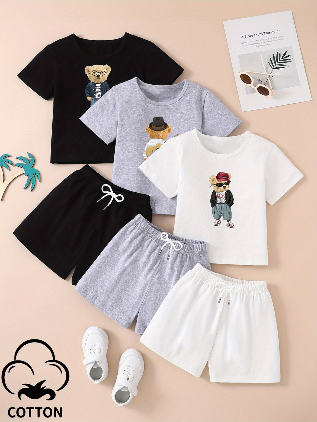 6pcs - 3 Outfits Set, Boy's Adorable Bear Graphic Print Crew Neck Short Sleeve T-Shirts & Shots For Kid's Outdoor Activities, Kid's Clothing For Daily & Outdoor Wear