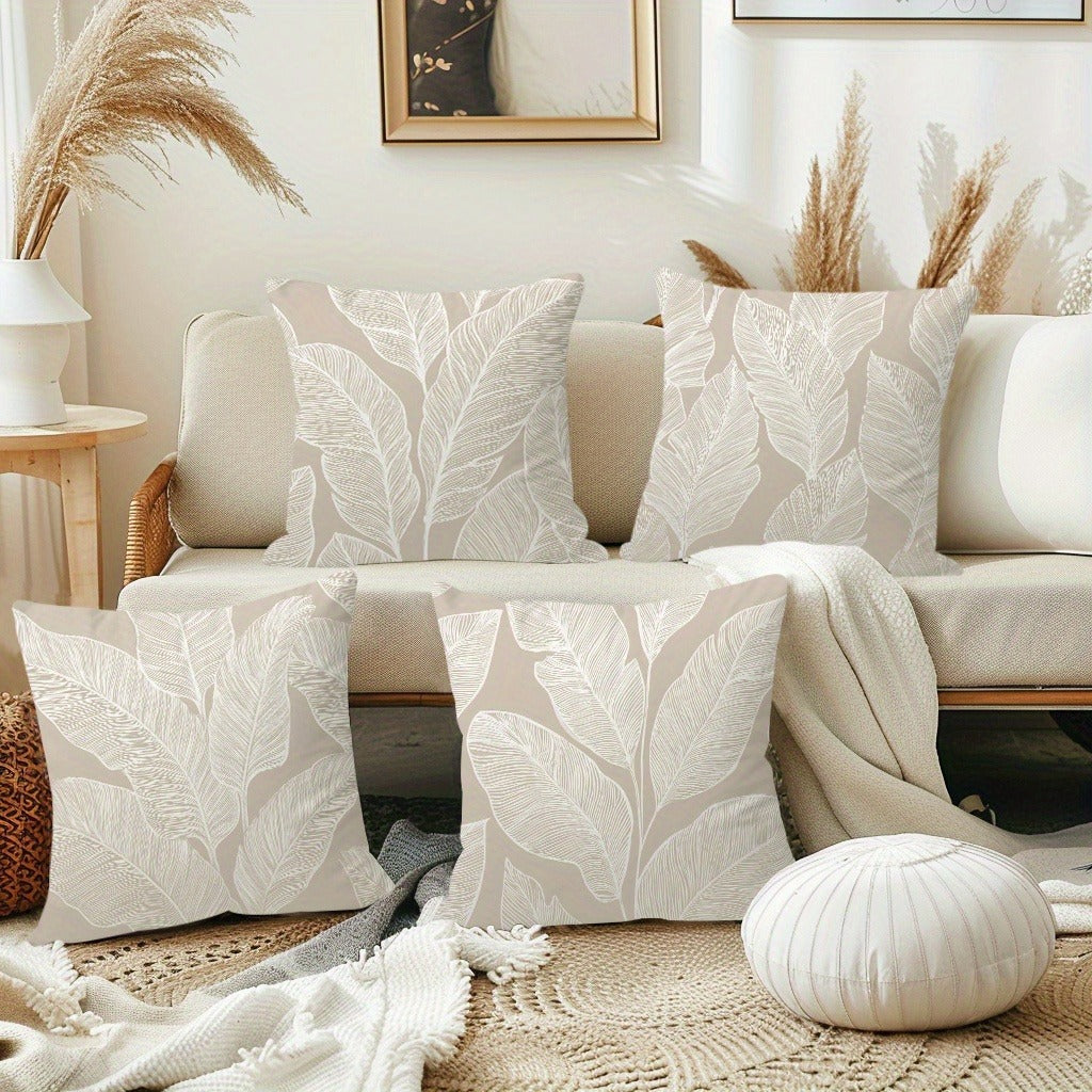 4pcs Printed Pillow Cover Set, Leaf Pattern Cushions for Bedroom Sofa, Creating a Cozy Rest Atmosphere, Adding Natural Comfort to Home, A Thoughtful Companion for Relaxation, 17.7x17.7 Inches, Zipper Closure, Machine Washable