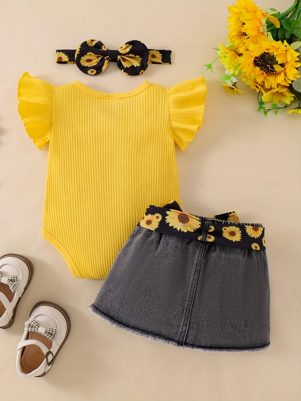 Baby Girl Clothes Newborn Romper Ruffle Sleeve Short Jeans Skirt With Headband Infant Outfits Set 0-18 Months, for Outdoor
