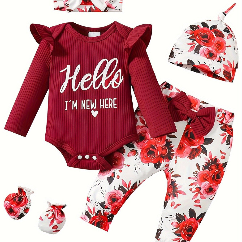 Newborn Baby Girl Clothes Hello I'm New Here Letter Romper+Floral Pants+Hat+Headband+Gloves Coming Home Outfits