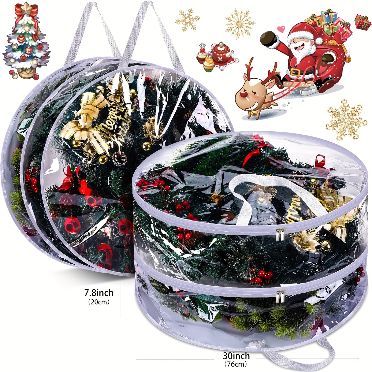 4pcs Transparent Wreath Storage Bag, 24 Inch/ 30 Inch Christmas Wreath Storage Containers, Heavy-duty PVC Garland Protector With Handle For Seasonal Christmas Wreaths Storage And Organization, Organizer Supplies Winter Christ