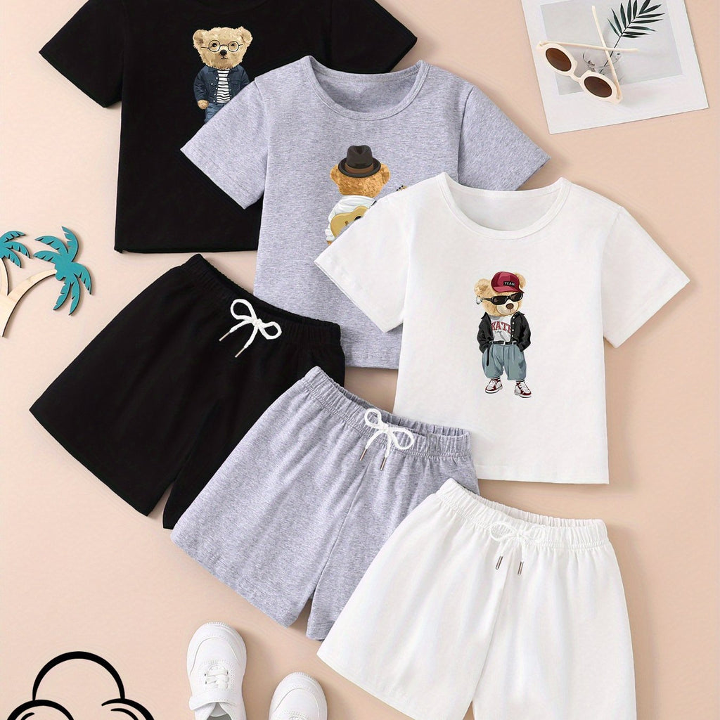 6pcs - 3 Outfits Set, Boy's Adorable Bear Graphic Print Crew Neck Short Sleeve T-Shirts & Shots For Kid's Outdoor Activities, Kid's Clothing For Daily & Outdoor Wear