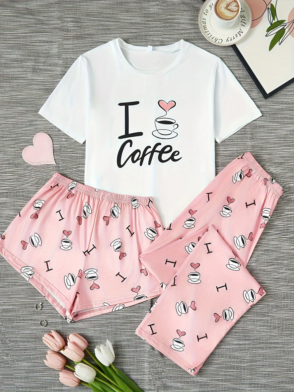 Women's Homewear Casual Coffee Print Cute Sweet Short Sleeve Shorts Pants Three-pcs Pajama Set
