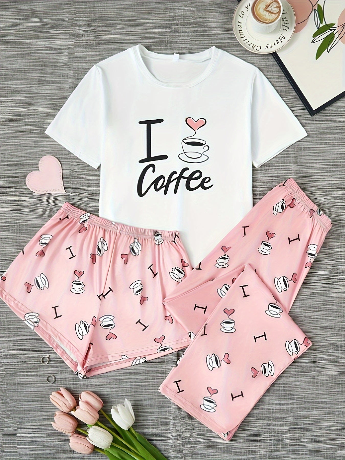 Women's Homewear Casual Coffee Print Cute Sweet Short Sleeve Shorts Pants Three-pcs Pajama Set
