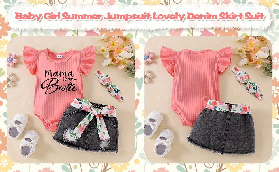 Baby Girl Clothes Newborn Romper Ruffle Sleeve Short Jeans Skirt With Headband Infant Outfits Set 0-18 Months, for Outdoor