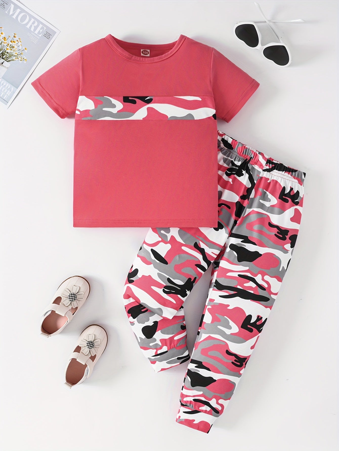 2pcs Girls' Camo Pattern Outfits Set - Casual Short Sleeve T-shirt + Pants, Machine Washable Polyester with Slight Stretch - Spring/Summer/Fall Essentials | Color Block Design | Random Printing
