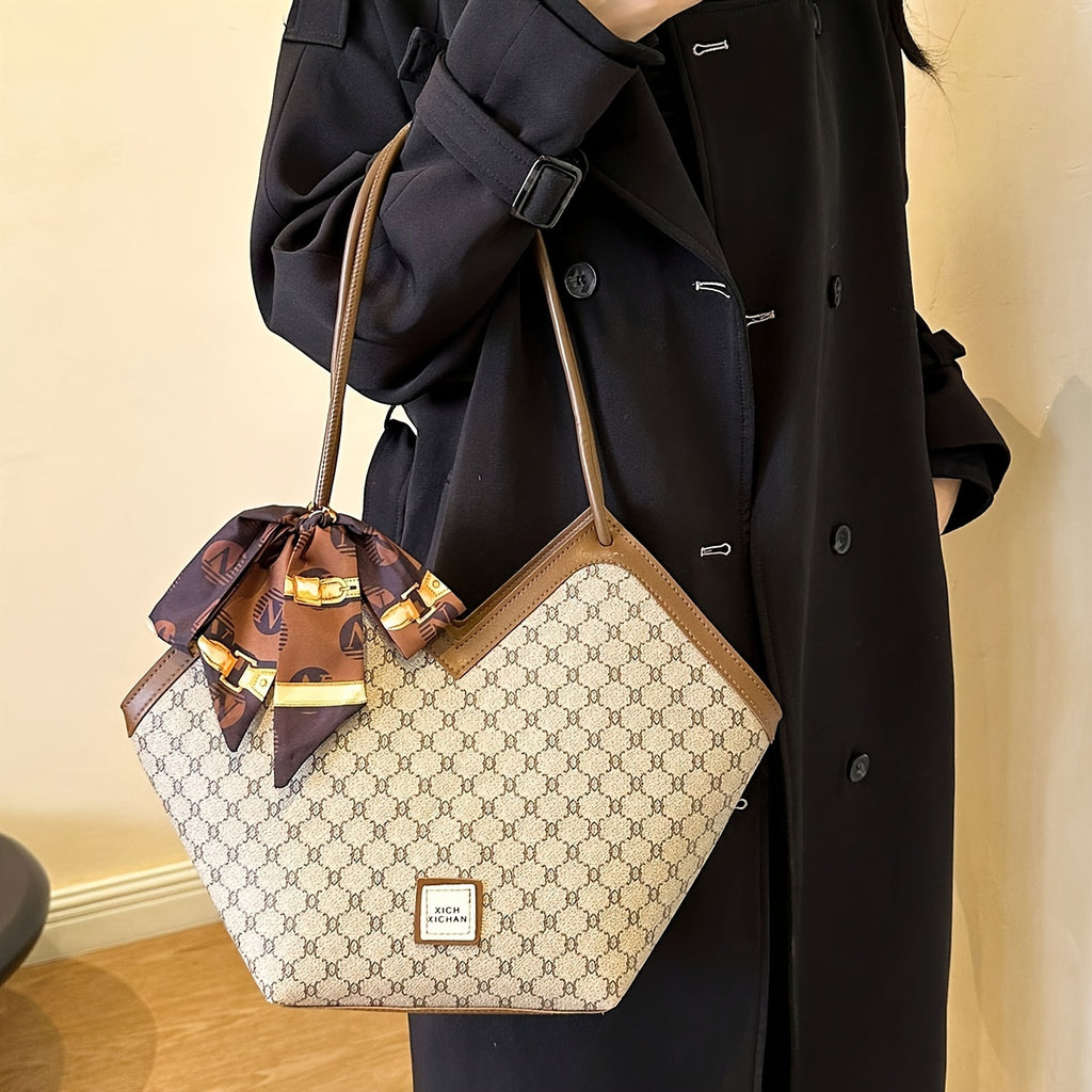 LABOONOO Women'S Vintage-Inspired Tote Bag with Scarf - Elegant, Large Capacity, Zip Closure, Grey & Beige Pattern, Perfect for Casual or Retro Outfits