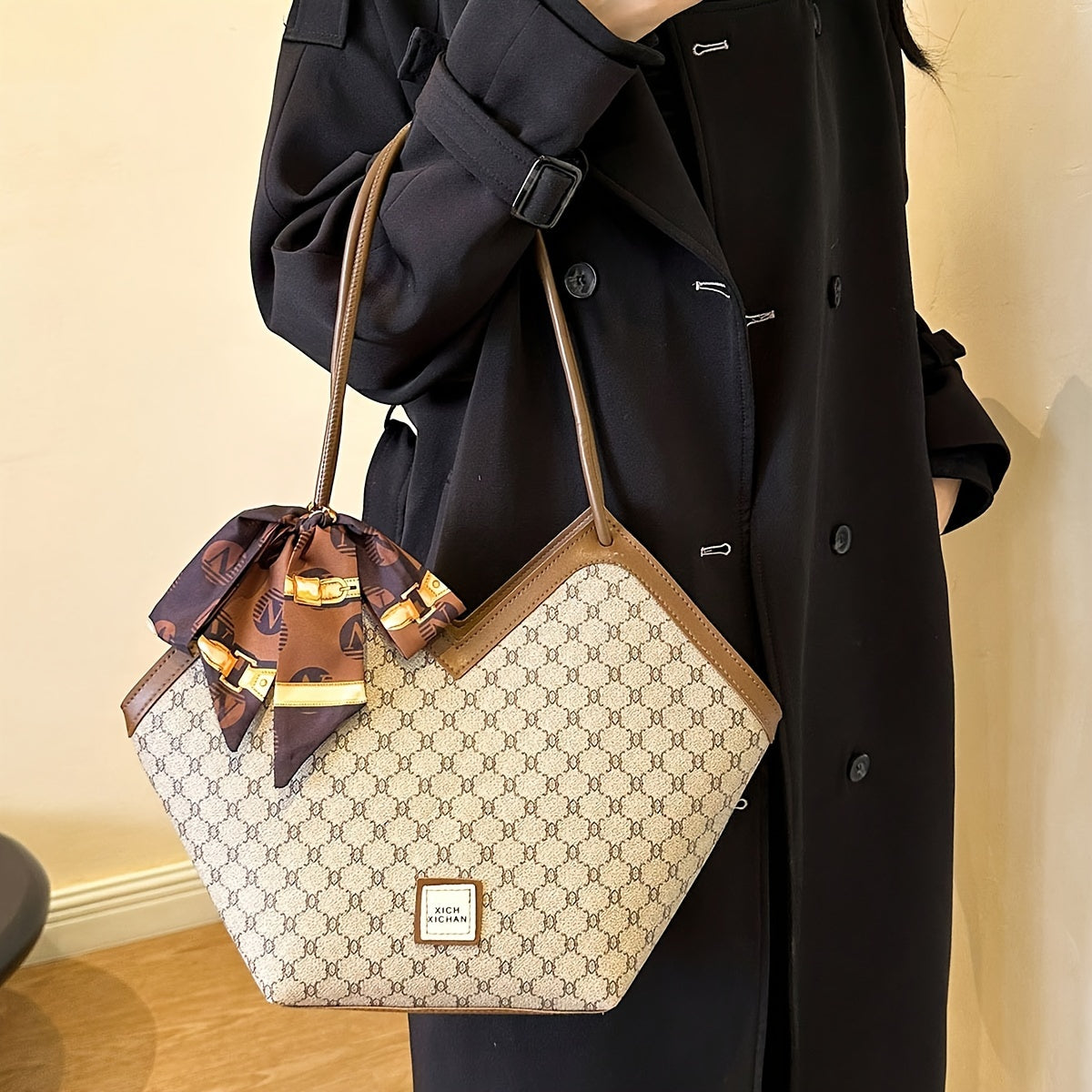 LABOONOO Women'S Vintage-Inspired Tote Bag with Scarf - Elegant, Large Capacity, Zip Closure, Grey & Beige Pattern, Perfect for Casual or Retro Outfits