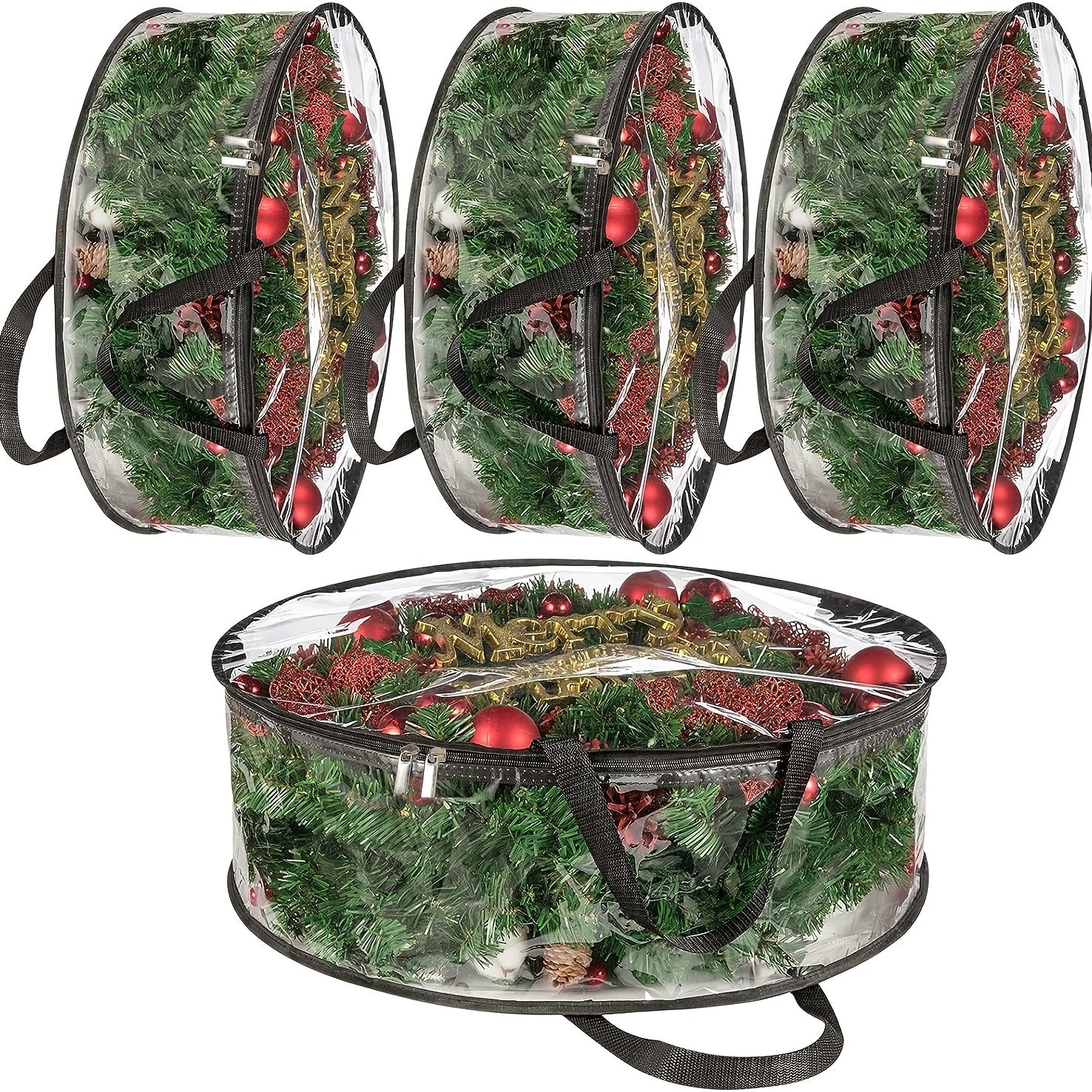 4pcs Transparent Wreath Storage Bag, 24 Inch/ 30 Inch Christmas Wreath Storage Containers, Heavy-duty PVC Garland Protector With Handle For Seasonal Christmas Wreaths Storage And Organization, Organizer Supplies Winter Christ