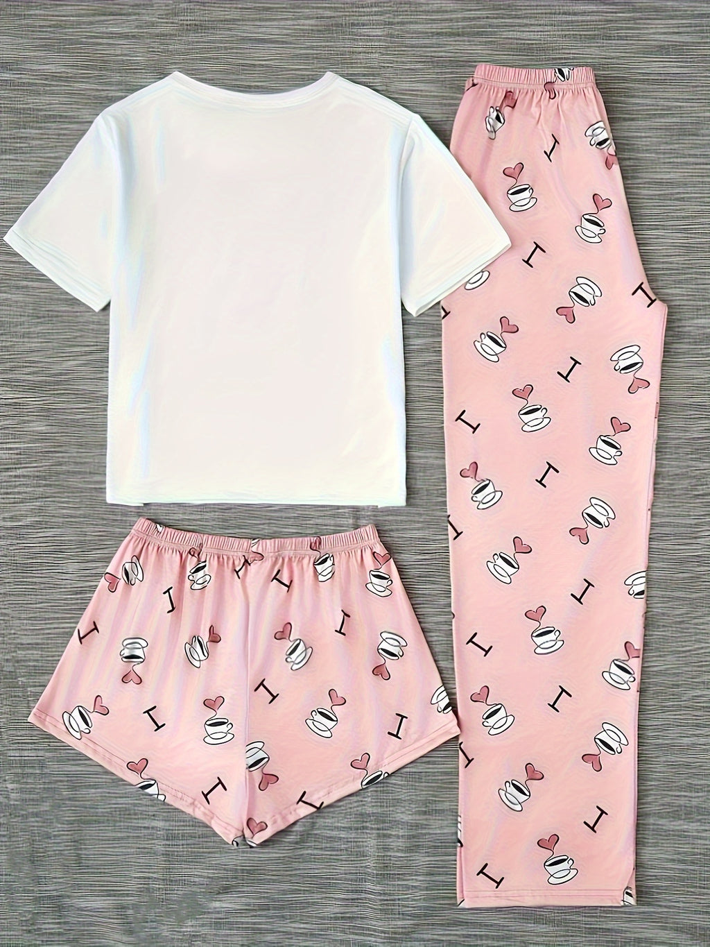 Women's Homewear Casual Coffee Print Cute Sweet Short Sleeve Shorts Pants Three-pcs Pajama Set