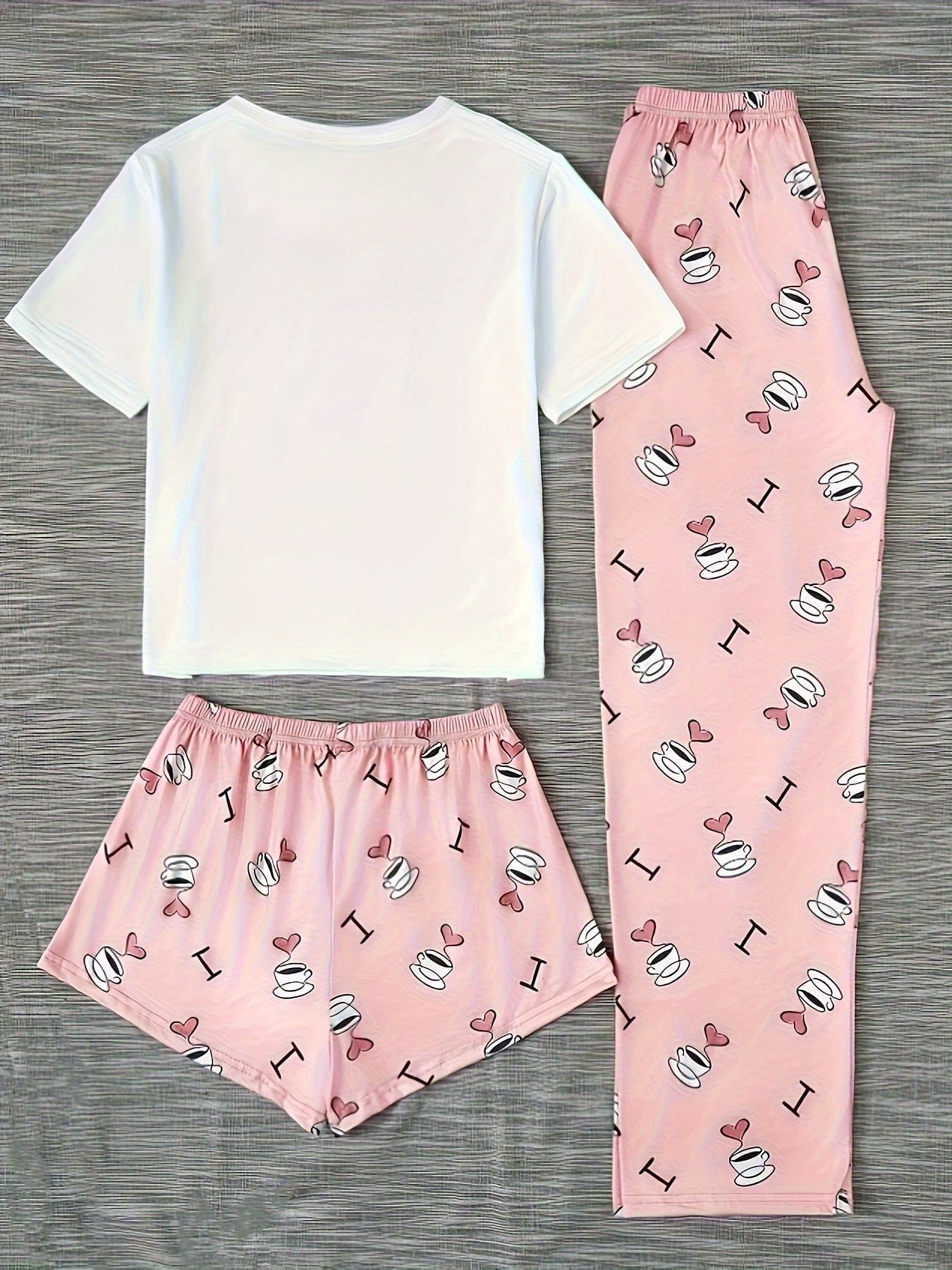 Women's Homewear Casual Coffee Print Cute Sweet Short Sleeve Shorts Pants Three-pcs Pajama Set
