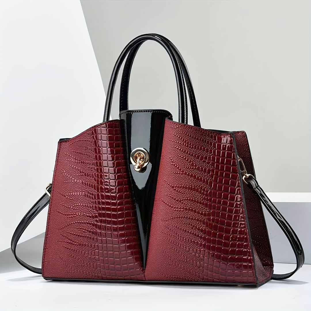 Large Capacity Crocodile Pattern Tote Bag, Luxury & Elegant Style PU Leather Handbag For Daily Outfits
