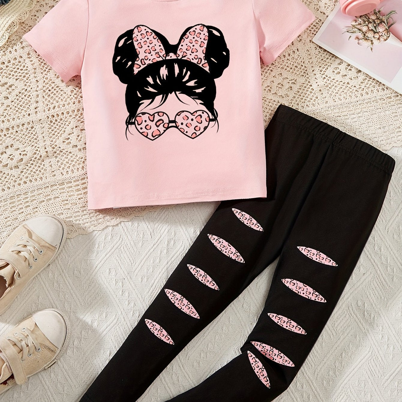 2pcs Cartoon Girl Graphic Outfits Girls Comfy Pullover + Pants Set For Outdoor