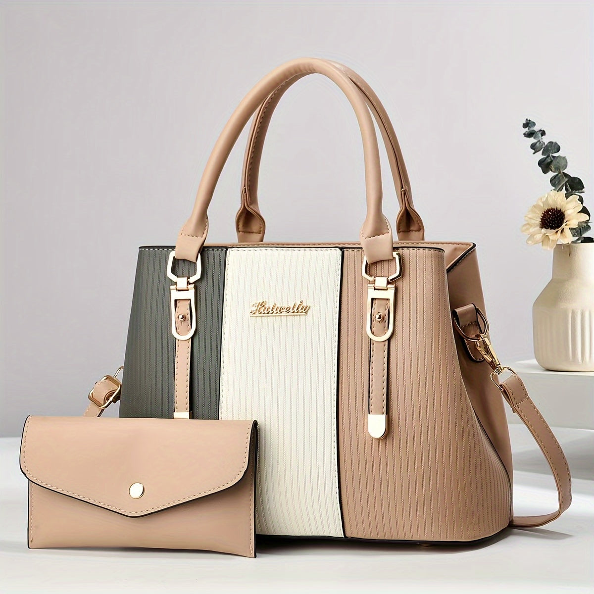 Stylish Colorblock Chic Tote Bag - Fashionable Shoulder & Crossbody Handbag with Detachable Strap, Zip Closure, Polyester Lined Interior, and Spacious Compartments for Organization - For Women - Perfect for Work, Shopping, Tr
