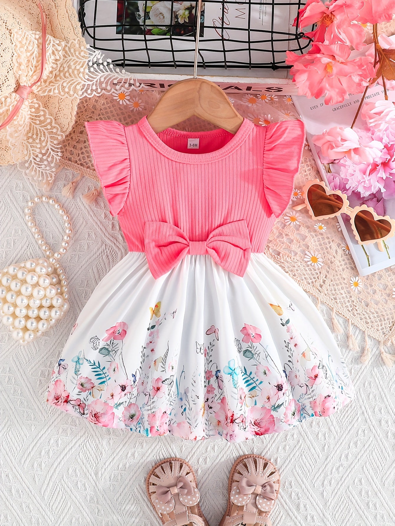 's Floral Print Summer Dress with Ruffled Short Sleeves & A-Line Silhouette - Pink & White Flower Skirt, Machine Washable Lightweight Playwear for Birthdays, Garden Parties, Everyday Outfits