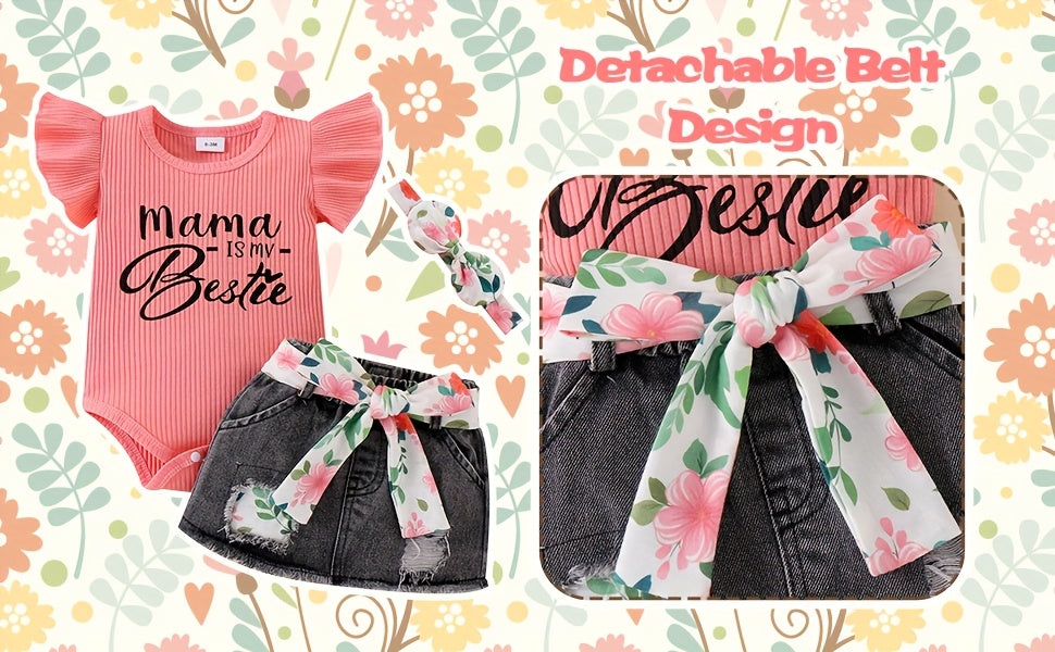 Baby Girl Clothes Newborn Romper Ruffle Sleeve Short Jeans Skirt With Headband Infant Outfits Set 0-18 Months, for Outdoor