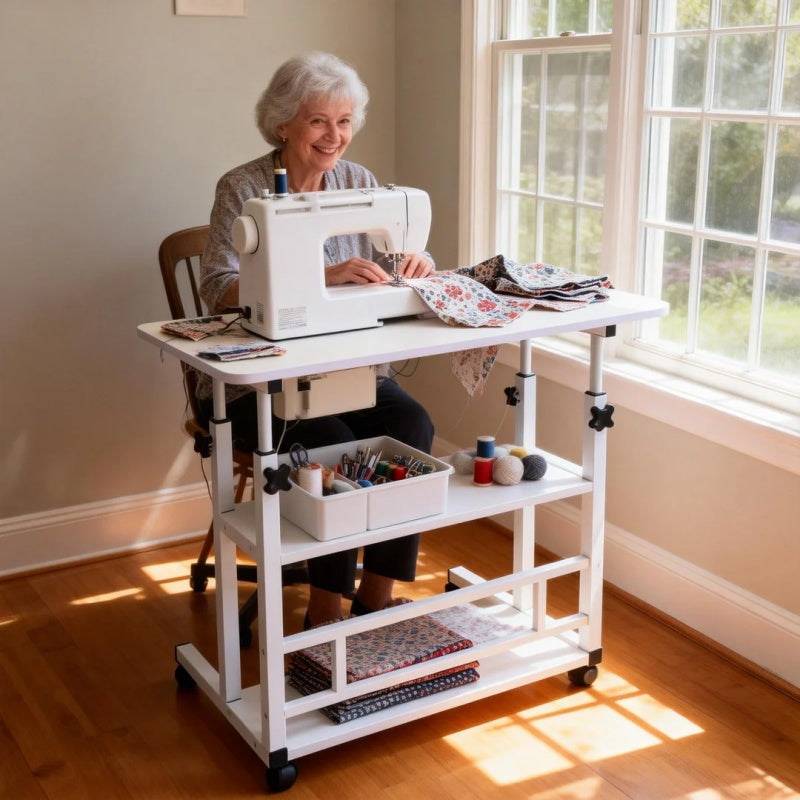 Height-Adjustable Mobile Table with Lockable Wheels, Reinforced Frame Folding Side Table, Black And White Handmade Art Workstation, Small Space Storage Table for Bedroom, Living Room, Or Study, Ideal Gift for Crafters, Artist