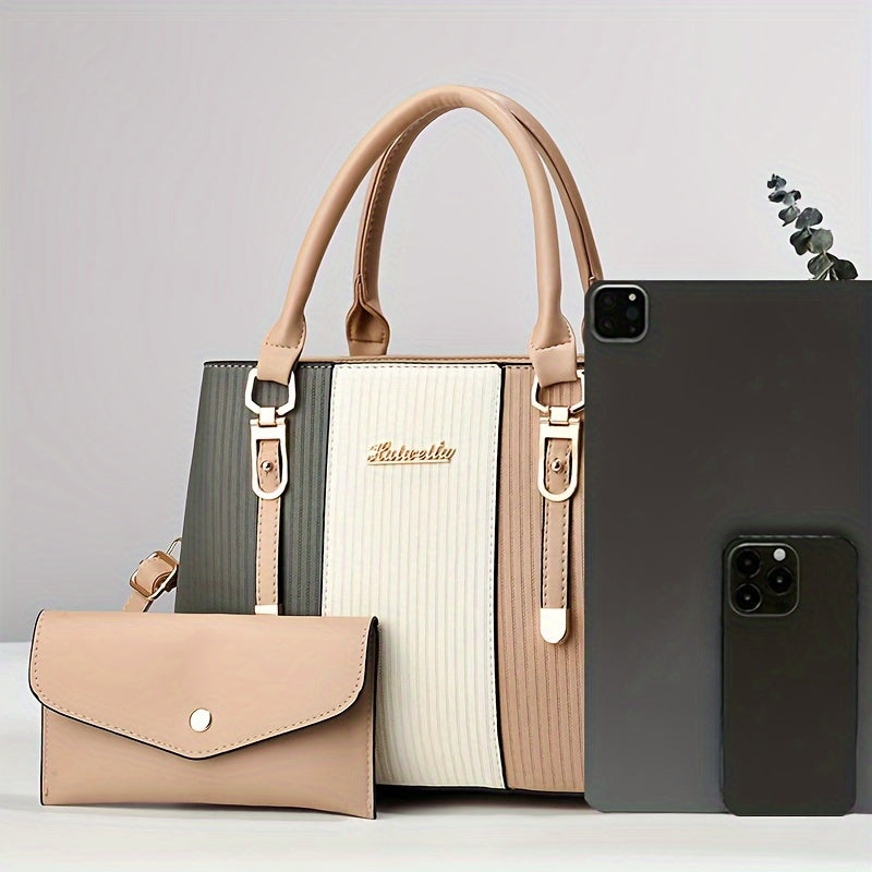 Stylish Colorblock Chic Tote Bag - Fashionable Shoulder & Crossbody Handbag with Detachable Strap, Zip Closure, Polyester Lined Interior, and Spacious Compartments for Organization - For Women - Perfect for Work, Shopping, Tr