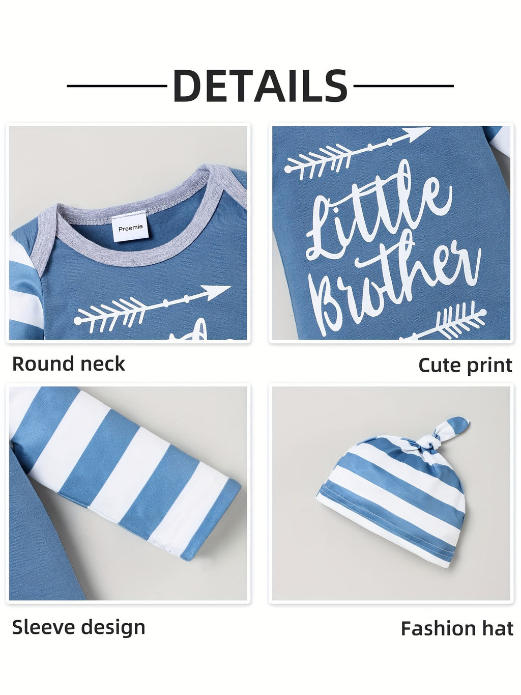 4pcs Infant Baby Boys LITTLE BROTHER Letter Pattern Long Sleeve One-piece Romper & Hat & Gloves Set, Newborn Outfits Gift