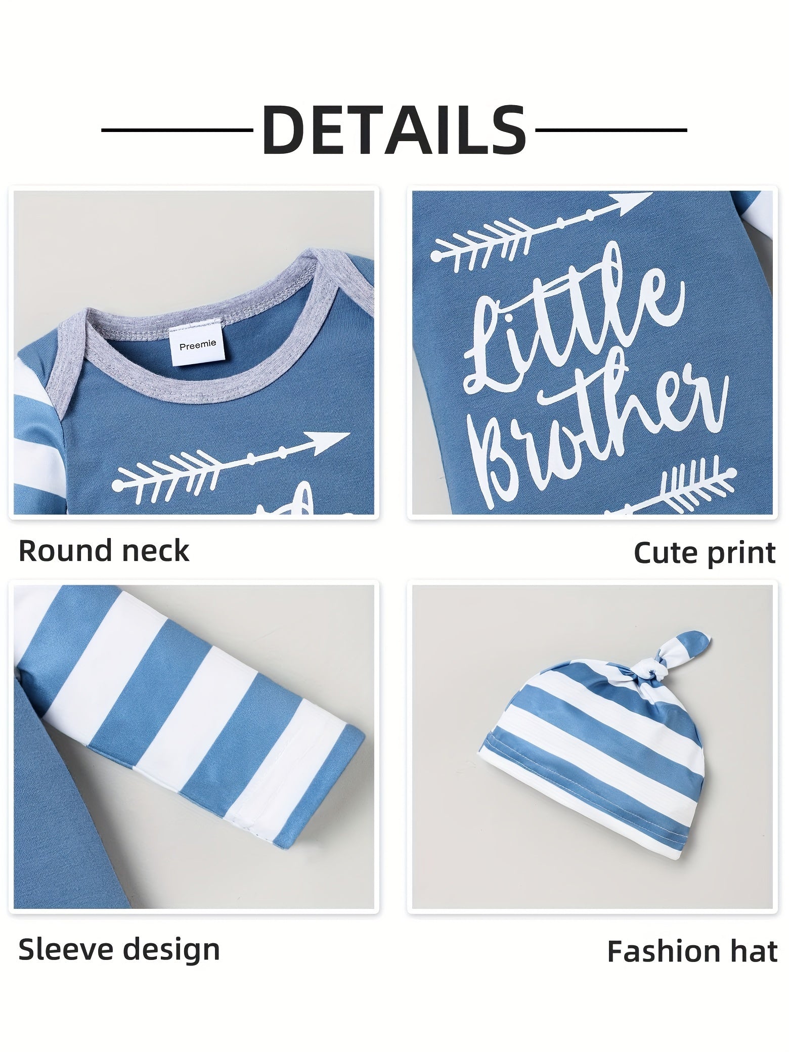 4pcs Infant Baby Boys LITTLE BROTHER Letter Pattern Long Sleeve One-piece Romper & Hat & Gloves Set, Newborn Outfits Gift