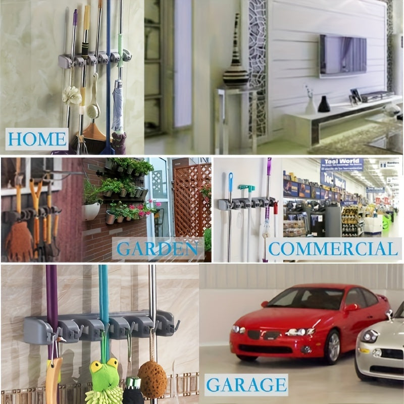 Wall Mounted Broom & Tool Organizer | 5 Slots 6 Hooks Storage Rack