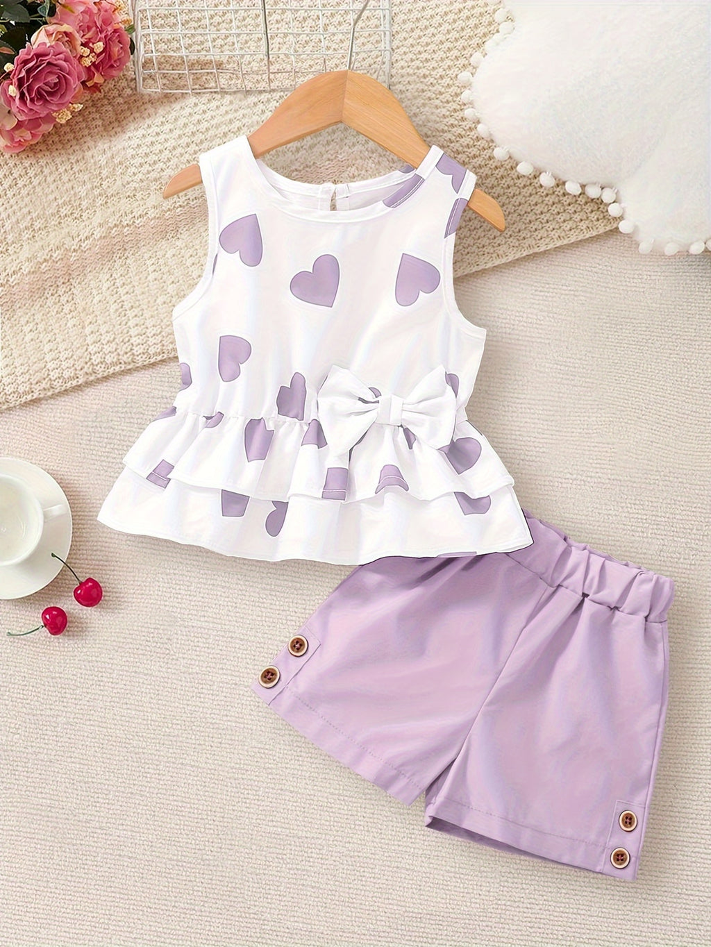 2-Piece Purple Heart Tank Top + Shorts Set Girl's Holiday Leisure Summer Outdoor Outfits Gift