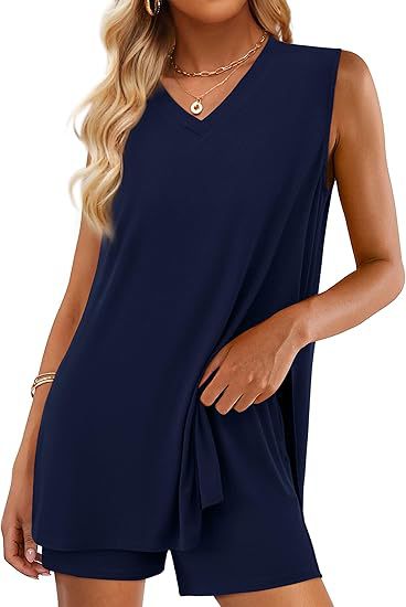 Casual Fashion V-neck Sleeveless Top And Shorts Set With Pockets