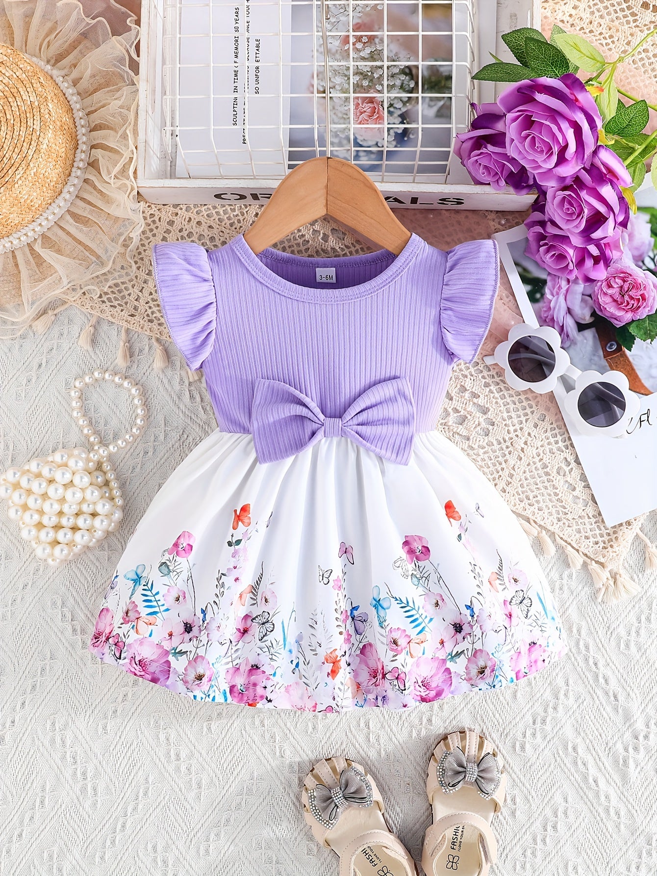 's Floral Print Summer Dress with Ruffled Short Sleeves & A-Line Silhouette - Pink & White Flower Skirt, Machine Washable Lightweight Playwear for Birthdays, Garden Parties, Everyday Outfits
