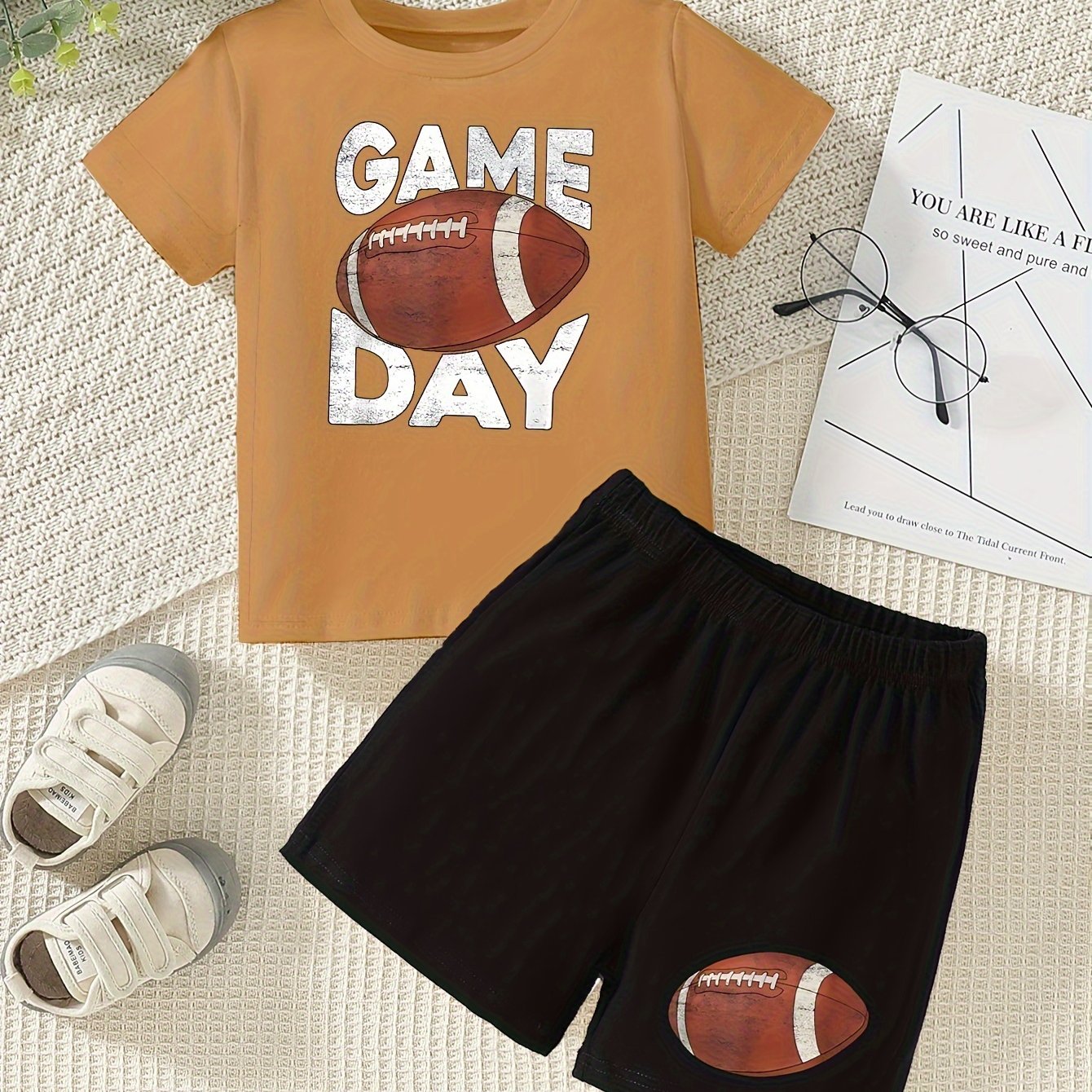 2pcs Cute Football GAME DAY Print Casual Short Sleeve T-shirt & Shorts Set For Boys & Baby Boys, Cool Comfortable Trendy Versatile Toddlers Boys Summer Outfits Clothes