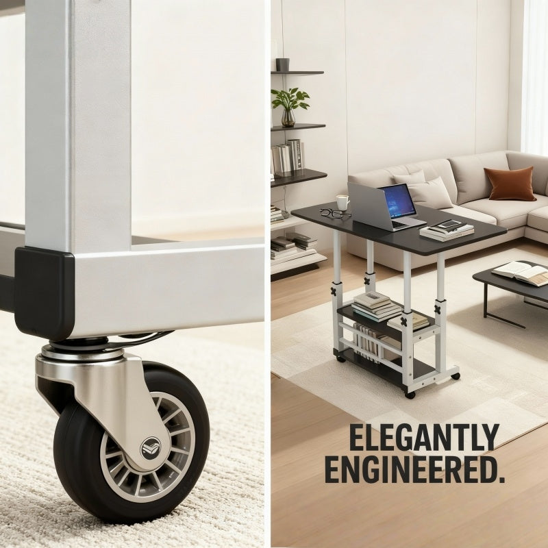 Height-Adjustable Mobile Table with Lockable Wheels, Reinforced Frame Folding Side Table, Black And White Handmade Art Workstation, Small Space Storage Table for Bedroom, Living Room, Or Study, Ideal Gift for Crafters, Artist