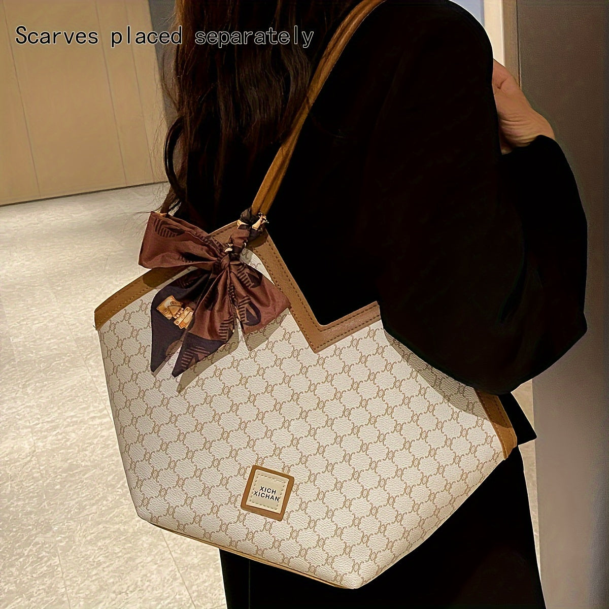 LABOONOO Women'S Vintage-Inspired Tote Bag with Scarf - Elegant, Large Capacity, Zip Closure, Grey & Beige Pattern, Perfect for Casual or Retro Outfits