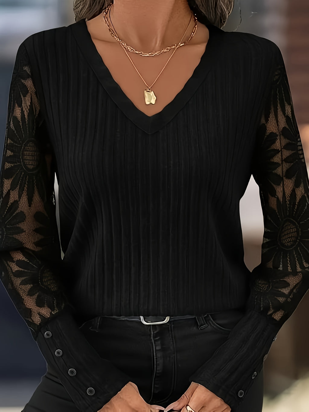 Women'S Elegance Solid Color Striped V-Neck T-Shirt | Color-blocked Lace Long Sleeves, Button Embellishment, Fashionable Street Beach Party Formal Occasion