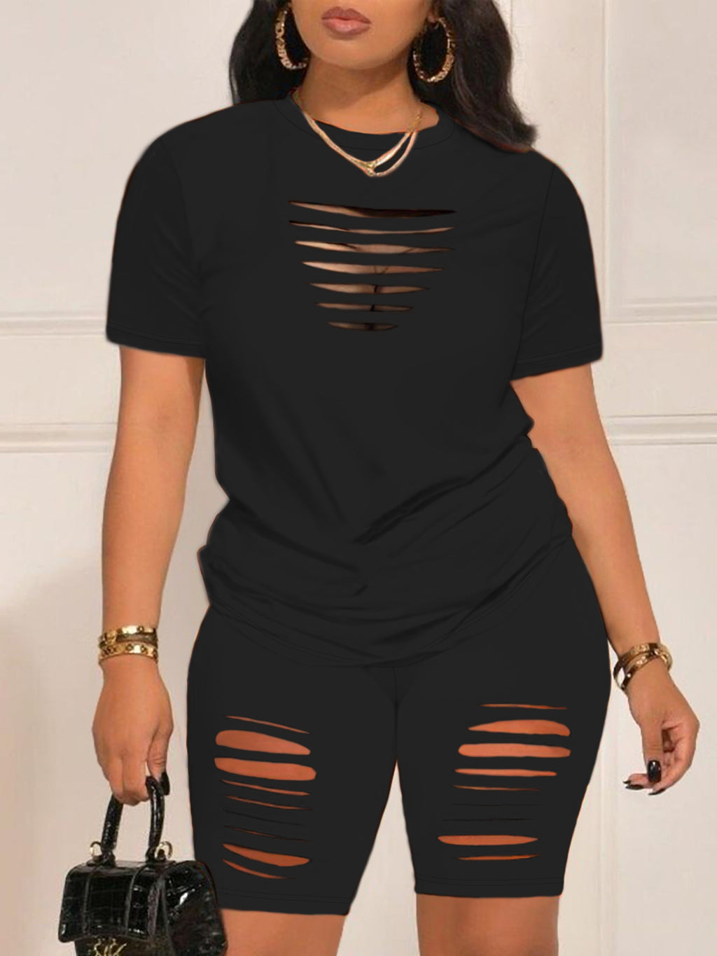 Summer Shorts Set - Pantsuits for Women, Crew Neck Short Sleeve Top & Shorts Outfits, Ripped Casual Clothing for Spring and Summer, Comfortable and Stylish Women's Clothing