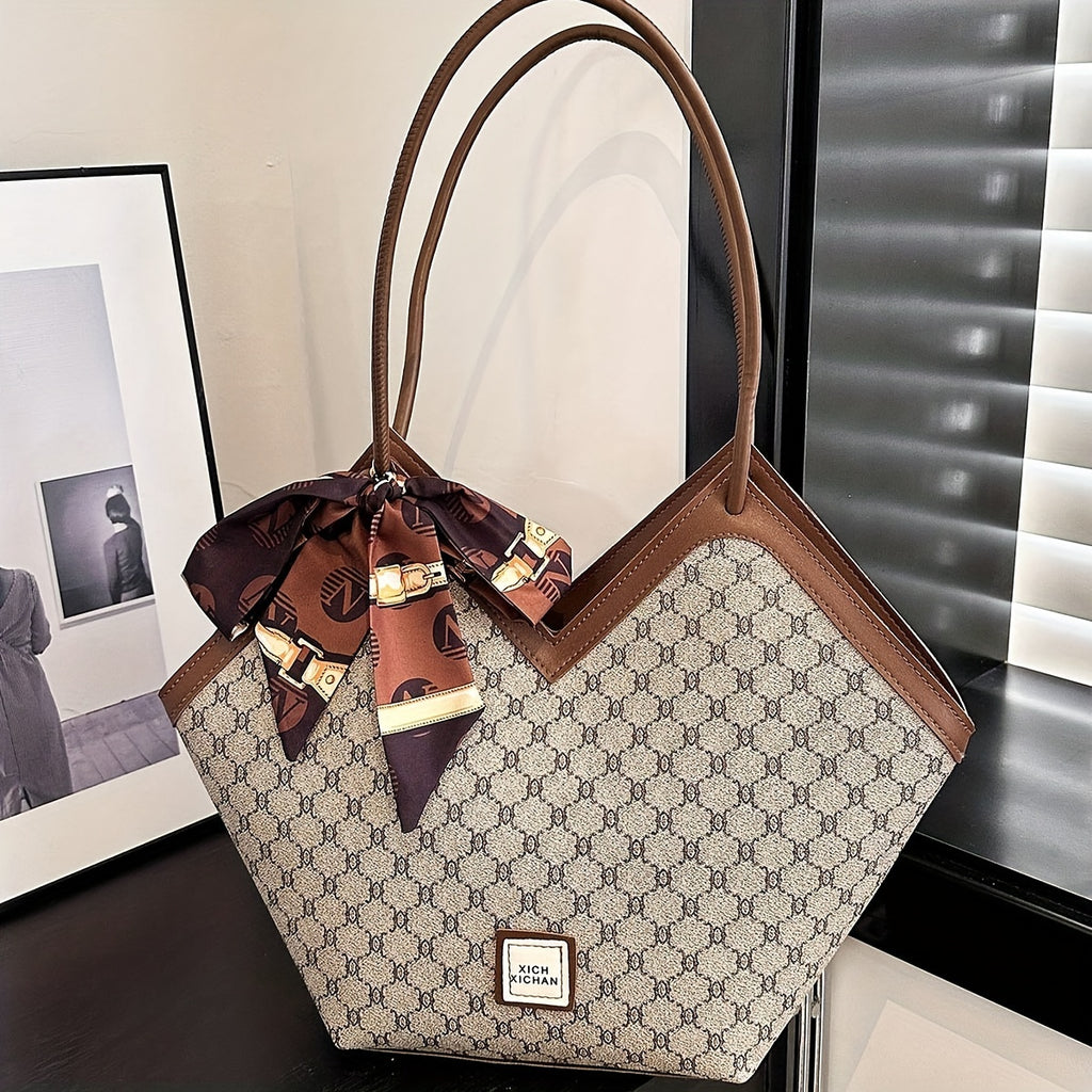 LABOONOO Women'S Vintage-Inspired Tote Bag with Scarf - Elegant, Large Capacity, Zip Closure, Grey & Beige Pattern, Perfect for Casual or Retro Outfits
